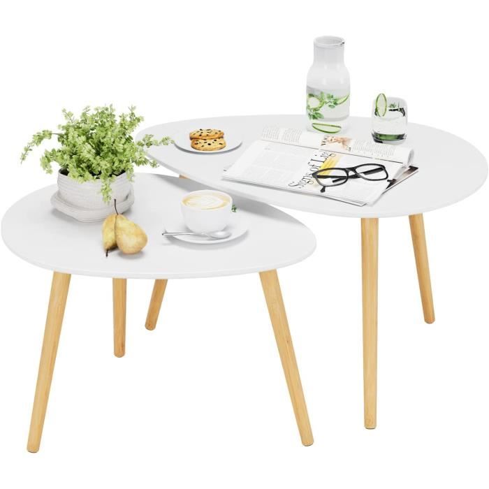 Tables Gigognes FOREHILL - Lot De 2 Tables Basses Scandinaves | Blanc Avec Pieds En Bois Pour Salon Ou Chambre