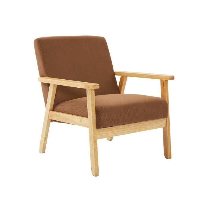 Fauteuil vintage / scandinave structure en bois et contreplaqué et assise en velours côtelé coloris marron