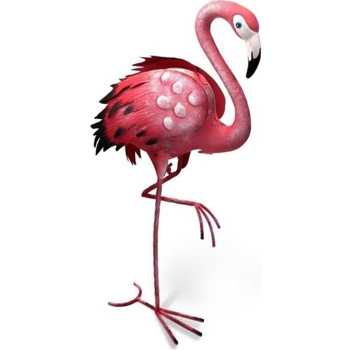 Animal décoratif de jardin - TERRE JARDIN - Flamant rose en métal - 54cm de haut - Rose et blanc