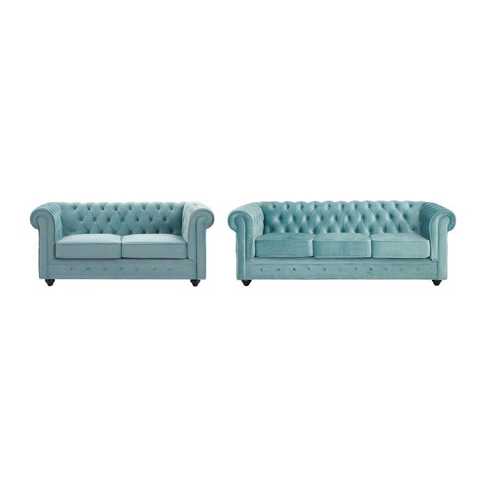 Canapés 3 places et 2 places en velours bleu pastel CHESTERFIELD