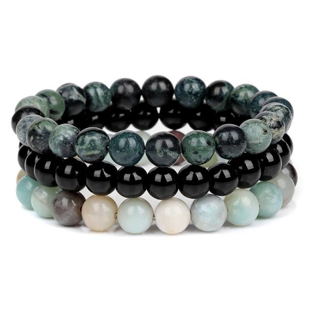 LIUL Bracelet Tibétain Bouddha Pierre Naturelle Bleu - Lot 3 Pièces Argent Plaqués