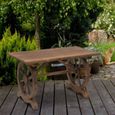 Table basse de jardin style rustique chic piètement roues charette bois sapin traité carbonisation-1