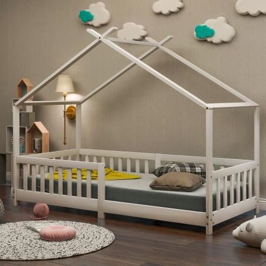 Lit bébé 90 x 200 sol en bois Cadre de lit avec clôture et porte, blanc -  Cdiscount Maison