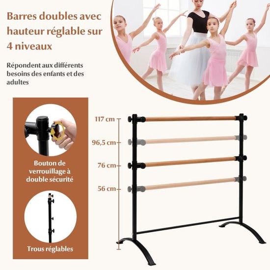 Barre de Danse Classique Double Autoportante 120 cm Hauteur Réglable Ø 38  mm en Bois de Hêtre Pose Libre pour Yoga Exercice Noir