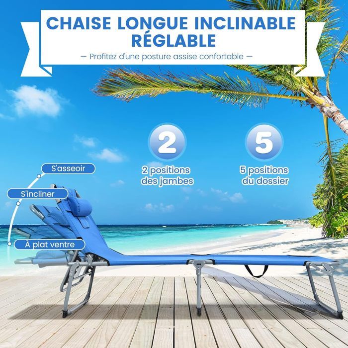 Rodeo Lux Chaise longue de plage jardin camping en acier avec coussin