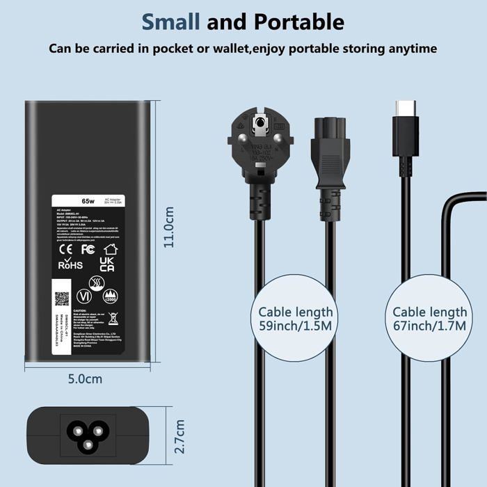 65W USB-C Voeding Voor Dell Latitude, XPS, Inspiron – 100-240V – 5V/9V/15V/20V – 3,25A – Compact En Veilig – Oververhittings- En Kortsluitbeveiliging