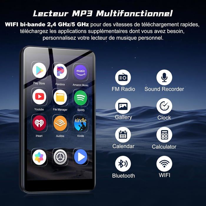 Lecteur MP3 Android 13 - Écran Tactile 5 Pouces - 4 Go RAM + 32 Go ROM - Bluetooth 5.0 & Wi-Fi - Compatible Spotify, Deezer, Audible...