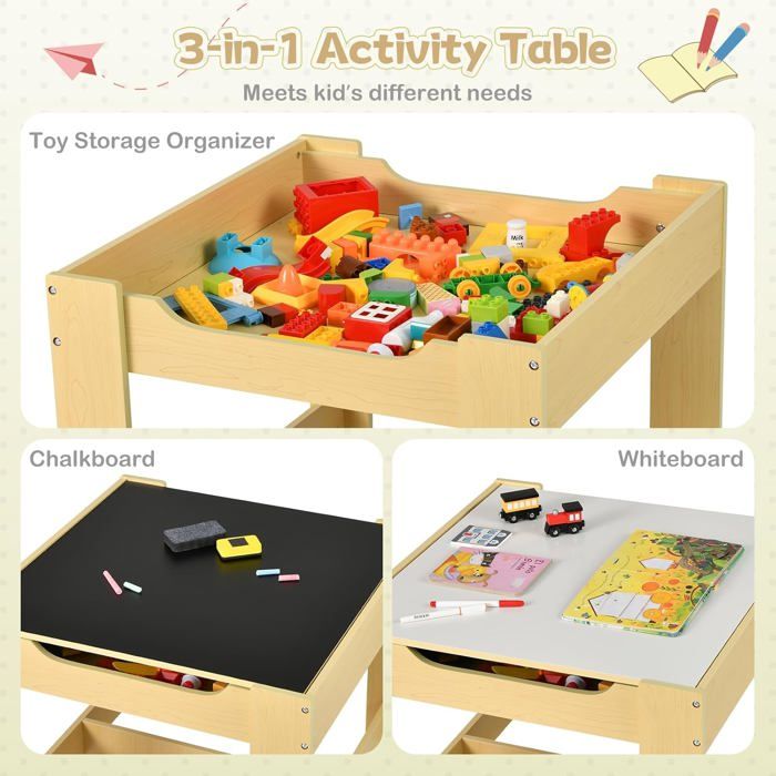 Table D'Activité Pour Enfant Avec 2 Chaises - Tableau Double Face & Rangements - En Bois Pour 3-6 Ans (Rose) - Charge 30kg