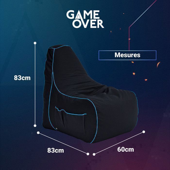 Pouf Gamer Game Over - Siège Ergonomique Avec Poches, Crochet Casque - Design Confortable - Tissu Imperméable