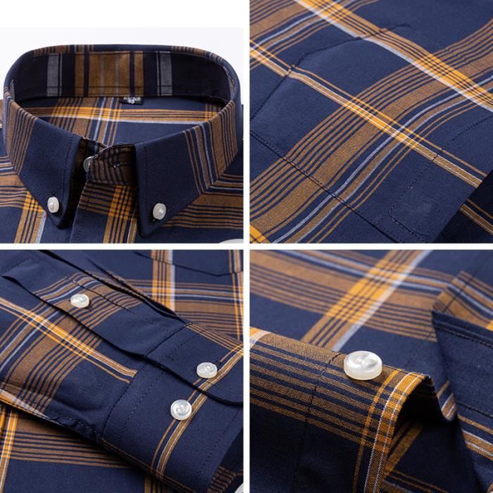 Chemise à Carreaux Pour Homme - Manches Longues, Coupe Droite, Coton Mélangé, Poche Poitrine, Style Vintage Décontracté, Grande Taille Disponible