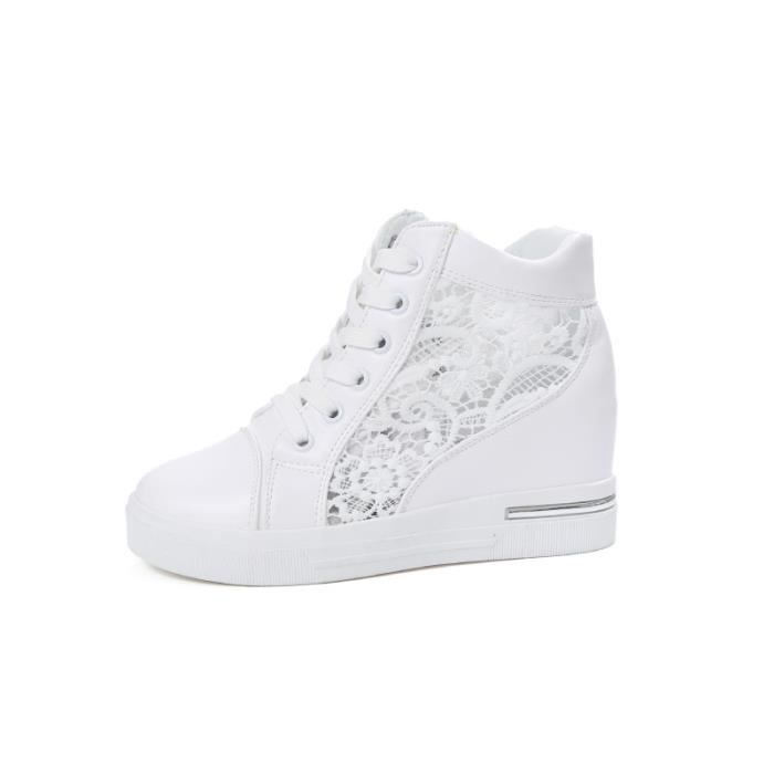 Baskets blanches a plateforme compensee pour femmes chaussures a lacets respirantes creuses