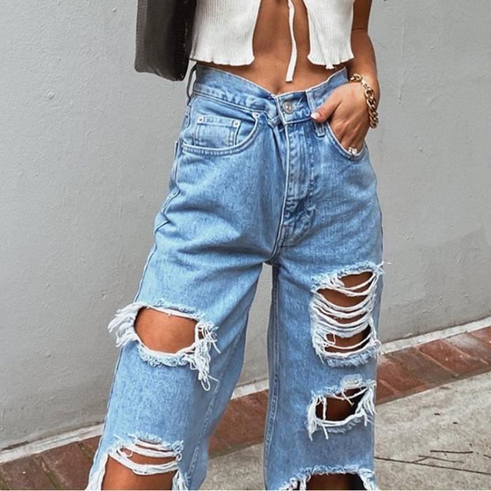 Jeans Femmes bouton taille haute poche elastique trou pantalon pantalon en denim ample bleu GOGUQ