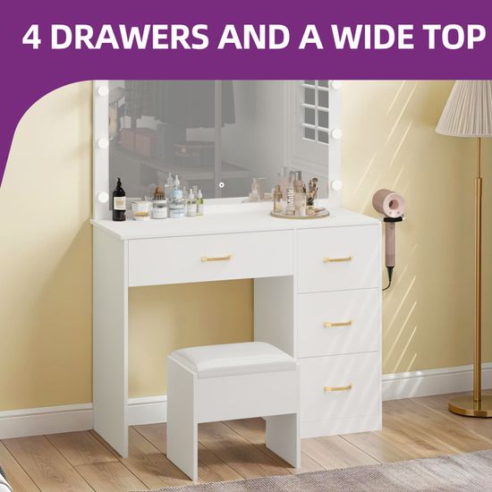 Coiffeuse Avec Miroir LED Et Prise - YITAHOME - 4 Tiroirs, Tabouret - Blanche - Table Maquillage Éclairage Intégré