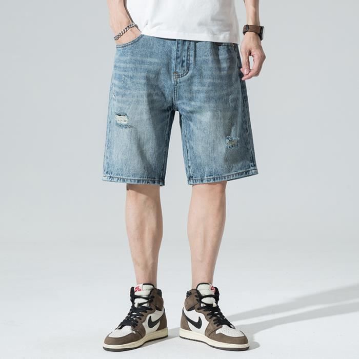 Short en Jeans Homme Dechire Coupe Droite Casual Short Ete 5 Poches Effet Use et Delave