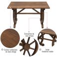 Table basse de jardin style rustique chic piètement roues charette bois sapin traité carbonisation-3