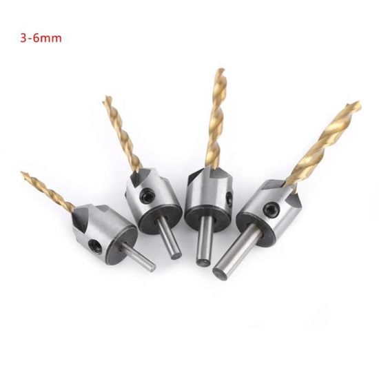 Lot de 4 pièces HSS Flûte Fraise conique à chanfreiner en acier de forets de bois chanfrein de menuisier Vis perceuse Alésoir Outil Lot de 4 pièces HSS Flûte Fraise conique à chanfreiner en acier de forets de bois chanfrein de menuisier Vis perceuse Alésoir Outil