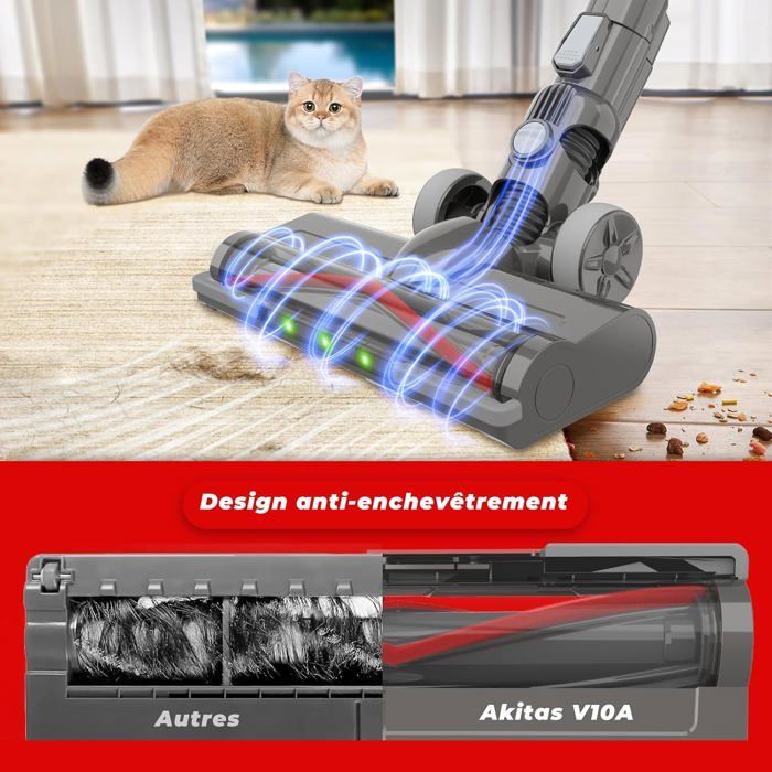 Akitas V10A Aspirateur Balai Sans Fil 450W 45kPa - 60min Autonomie, Anti-Emmêlement