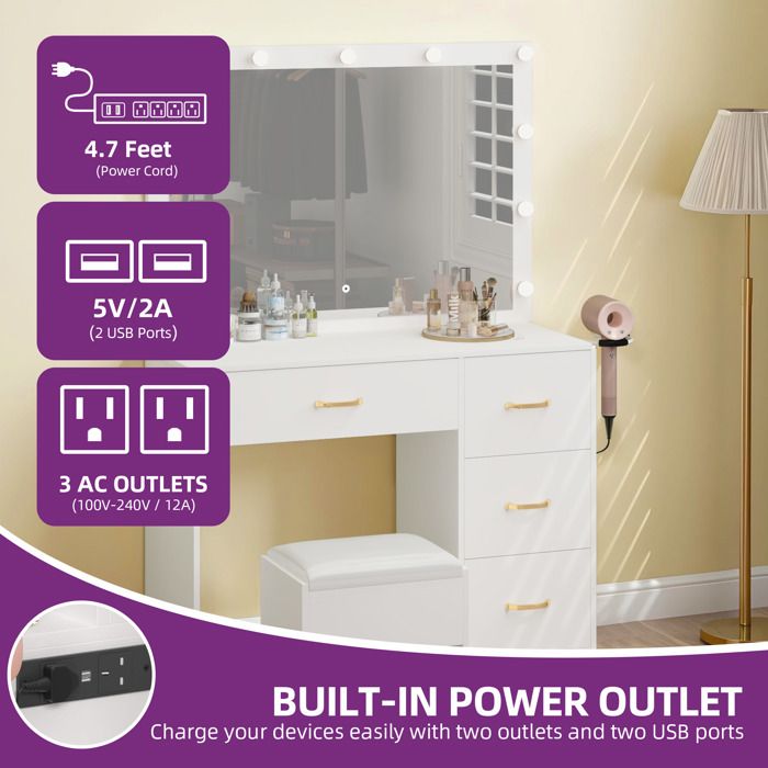 Coiffeuse, Grand Miroir LED à Luminosité Réglable, 3 Couleurs, 9