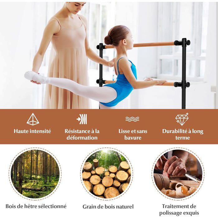 Barre De Danse Double Réglable 120 Cm - Hauteur 56-116 Cm, Bois Hêtre, 4 Patins Antidérapants, Pour Yoga, étirements