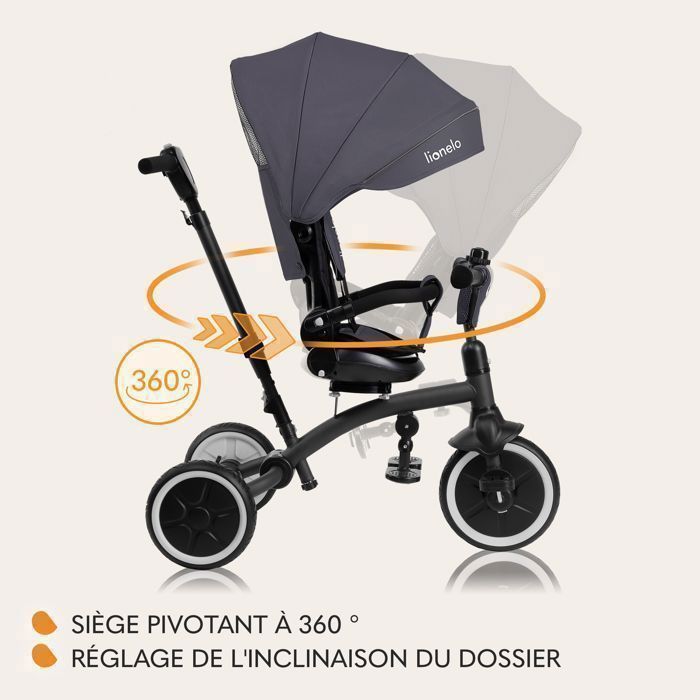 Tricycle Bébé évolutif LIONELO Haari - Poussette - Jusqu'à 25 Kg - Siège Réversible - Grand Panier Et Sac - Porte-gobelet - Gris - Jeux - Jouets