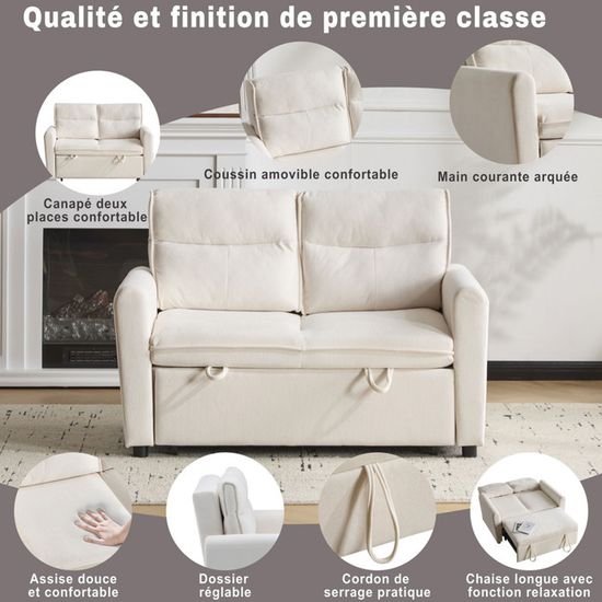 Canapé Convertible 2 Places Vepssder - Velours, Dossier Réglable, Fonction Lit, Blanc, Design Moderne Pour Petit Espace - 10