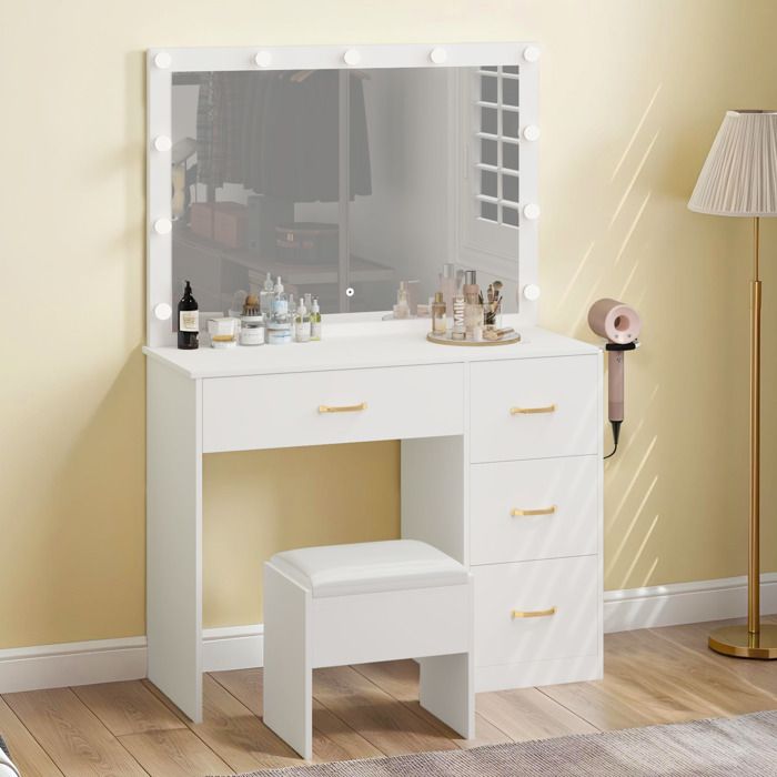 Coiffeuse YITAHOME Avec Éclairage Hollywood, Miroir, Tabouret Et Station Charge - Blanche