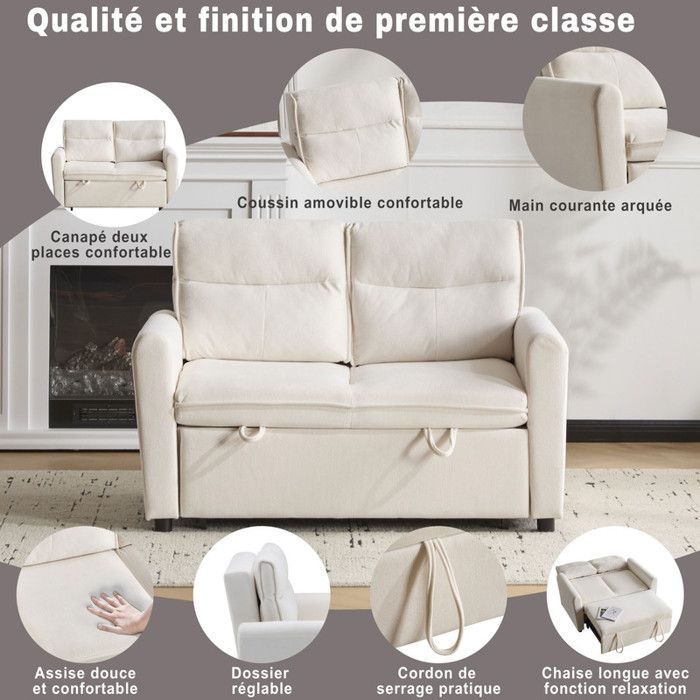 Canapé Convertible 2 Places Vepssder - Velours, Dossier Réglable, Devient Lit 174x103 Cm - Gris