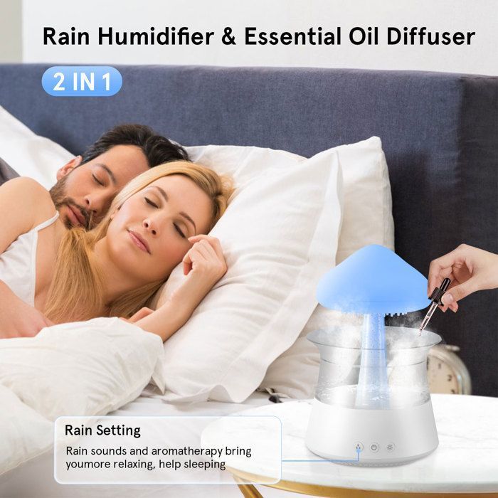 Humidificateur Nuage De Pluie Avec Veilleuse - 3 En 1 : Humidificateur, Diffuseur Huiles Essentielles Et Lampe LED | Pour Chambre Et Bureau
