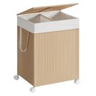 SONGMICS HOME Panier à Linge 2 Compartiments, Corbeille 100 L, Trieur sur Roulettes, Sac avec Poignées,pour Buanderie, Beige Naturel et Blanc Mat