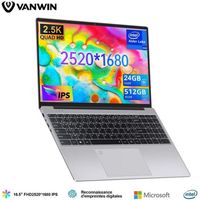 PC portable VANWIN 16.5"FHD+ 2560*1620 WiFi 24 Go RAM 512 Go SSD Intel Alder Lake N95 Windows 11 PRO Rotation à 180°-Argent-AZERTY