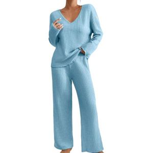Pyjama Femme 2 Pièces Chic - Haut Manches Longues Et Pantalon Taille élastique - Tricot Doux Pour Hiver - Vêtement Nuit Et Détente