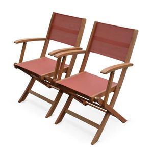 FAUTEUIL JARDIN  Fauteuils de jardin en bois et textilène - Almeria Terra cotta - 2 fauteuils pliants en bois d'Eucalyptus  huilé et textilène