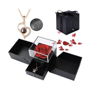 Boîte cadeau Rose Eternelle avec Collier pendentif en 100 langues Je t'aime Eternelle Rose Boîte-Cadeau Cadeau Femme,Cadeau Noël/Saint-Valentin