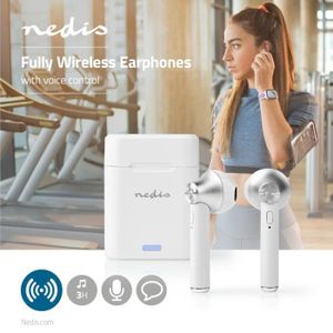 OREILLETTE BLUETOOTH Nedis - Écouteurs sans fil| Bluetooth | jusqu'à 2,5 heures | Contrôle tactile | Boîtier de charge | Commande vocale | Blanc