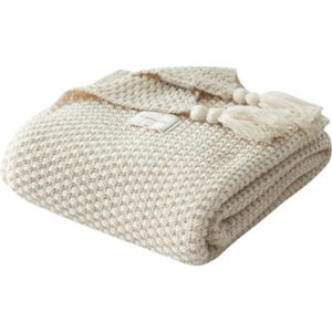 COUVERTURE - PLAID Couverture de canapé de style nordique Couverture de sieste de bureau Couverture de laine de boule de tricot de gland, beige