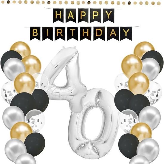 Décoration Ballons 40 Ans - 30 Ballons Or Et Noir Avec Messages, Pour Fête Anniversaire Homme Ou Femme