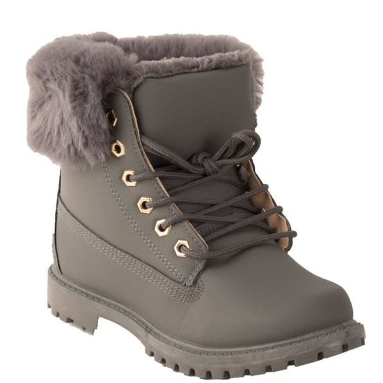 Bottines femme rangers fourr es et revers fourrure en simili cuir 37