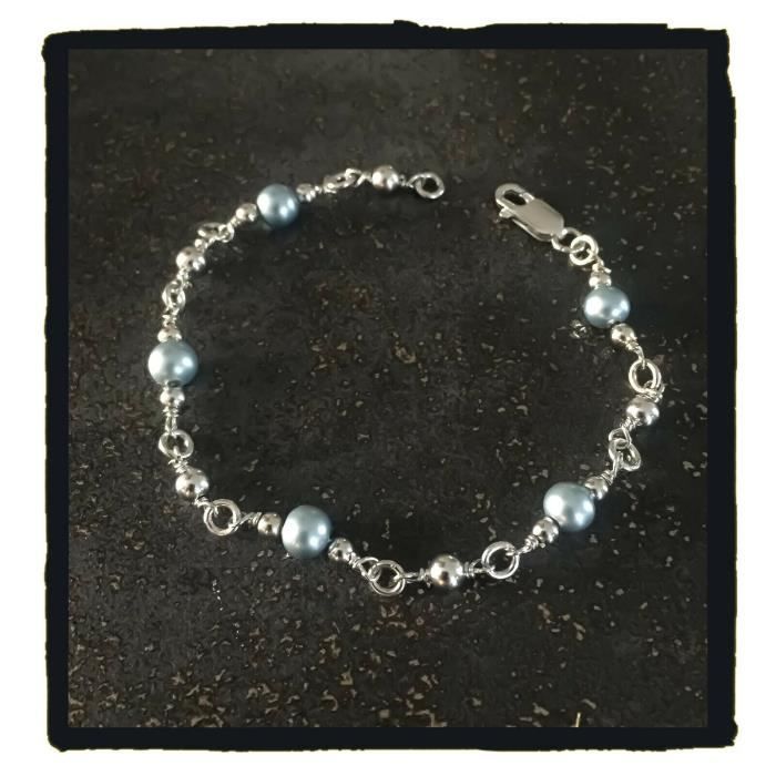 Bracelet Boules et Perles Nacrées Bleu Clair Argent Massif 925/000