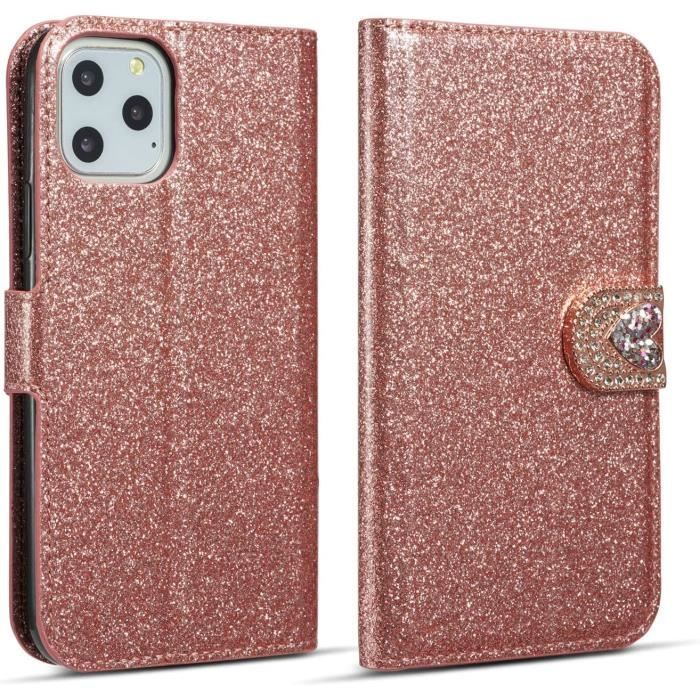 étui portefeuille iPhone 11 Pro, paillettes [fermeture magnétique] Cuir PU Portefeuille [boucle en diamant] [emplacemerose gold