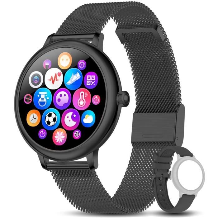 Montre Connectée Femme Noire, Smartwatch Sport , Podomètre Calorie, Fitness + 1 bracelet noir offert