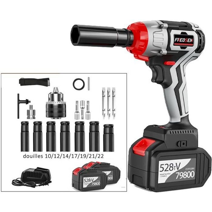FREOSEN Clé à Chocs Pro Max Brushless Sans Fil en Coffret + 2 Batteries 30000mAh 6.0Ah + 380Nm +16 Accessoires