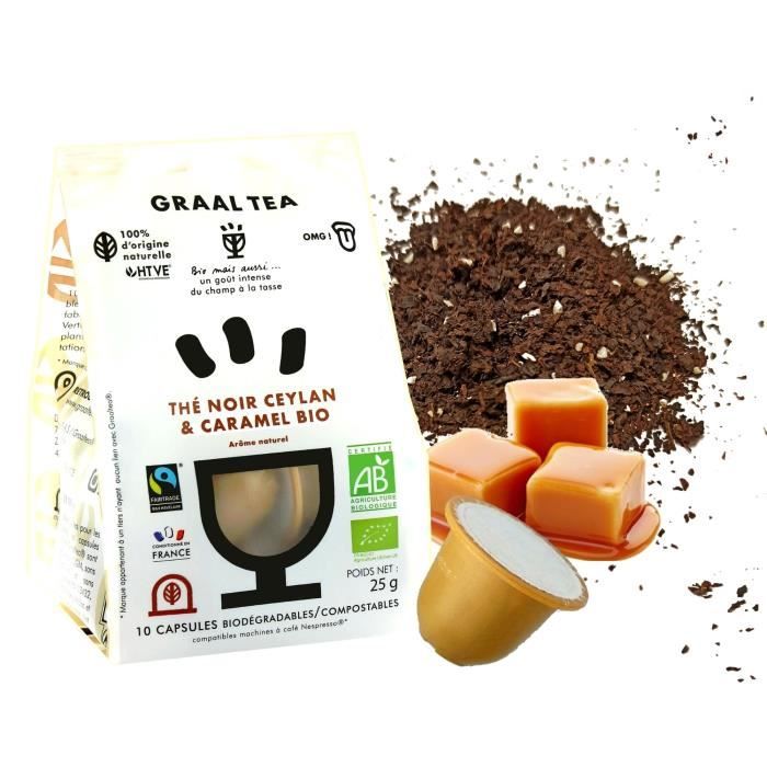 GRAALTEA - Thé Dégustation - Thé noir Ceylan & Caramel BIO en Capsule - 100% d'Origine Naturelle - Made in France - 1 Paquet x 10 Ca