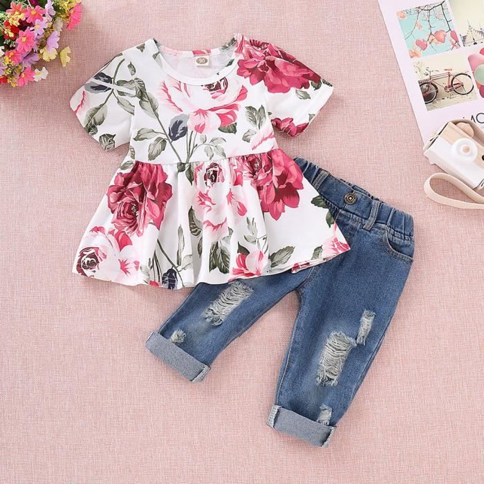 T-shirts de culture floraux pour bébés + pantalons en denim à trous Ensembles de vêtements pour enfants Jean Toddler