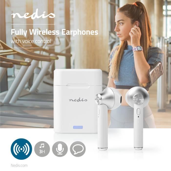 Nedis - Écouteurs sans fil- Bluetooth - jusqu'à 2,5 heures - Contrôle tactile - Boîtier de charge - Commande vocale - Blanc