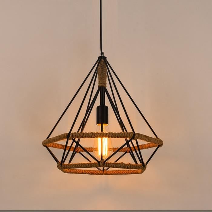 Lustre Vintage en Fer Forgé Nordique Suspension de E27 Douille en Corde de Chanvre Industriel Vent forme Diamant