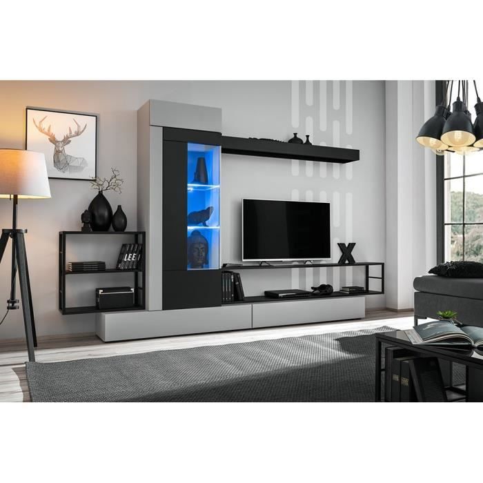 Ensemble salon GROOVE. Composition TV murale coloris Gris et noir mat. LED incluses. 300