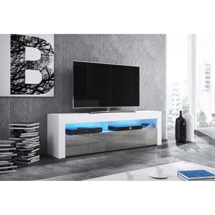 VIVALDI Meuble TV - MEX - 160 cm - blanc mat / gris brillant avec LED - style moderne