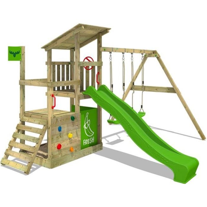 FATMOOSE Aire de jeux Portique bois FruityForest avec balançoire et toboggan vert pomme Maison enfant exterieur avec bac à sable