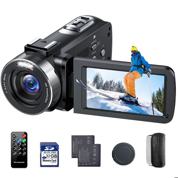 Caméscope 4K 42MP Caméra Vidéo Vlogging 18X Zoom Numérique 3 Écran rotatif 270°avec carte SD 32 Go