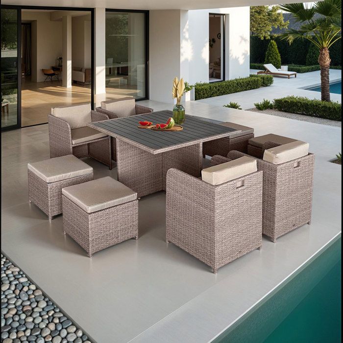 Table et fauteuils de jardin encastrables en résine tressée 8 places KUBO